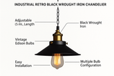 Industrial Retro Black Wrought Iron Chandelier – Adjustable Metal Pendant Light